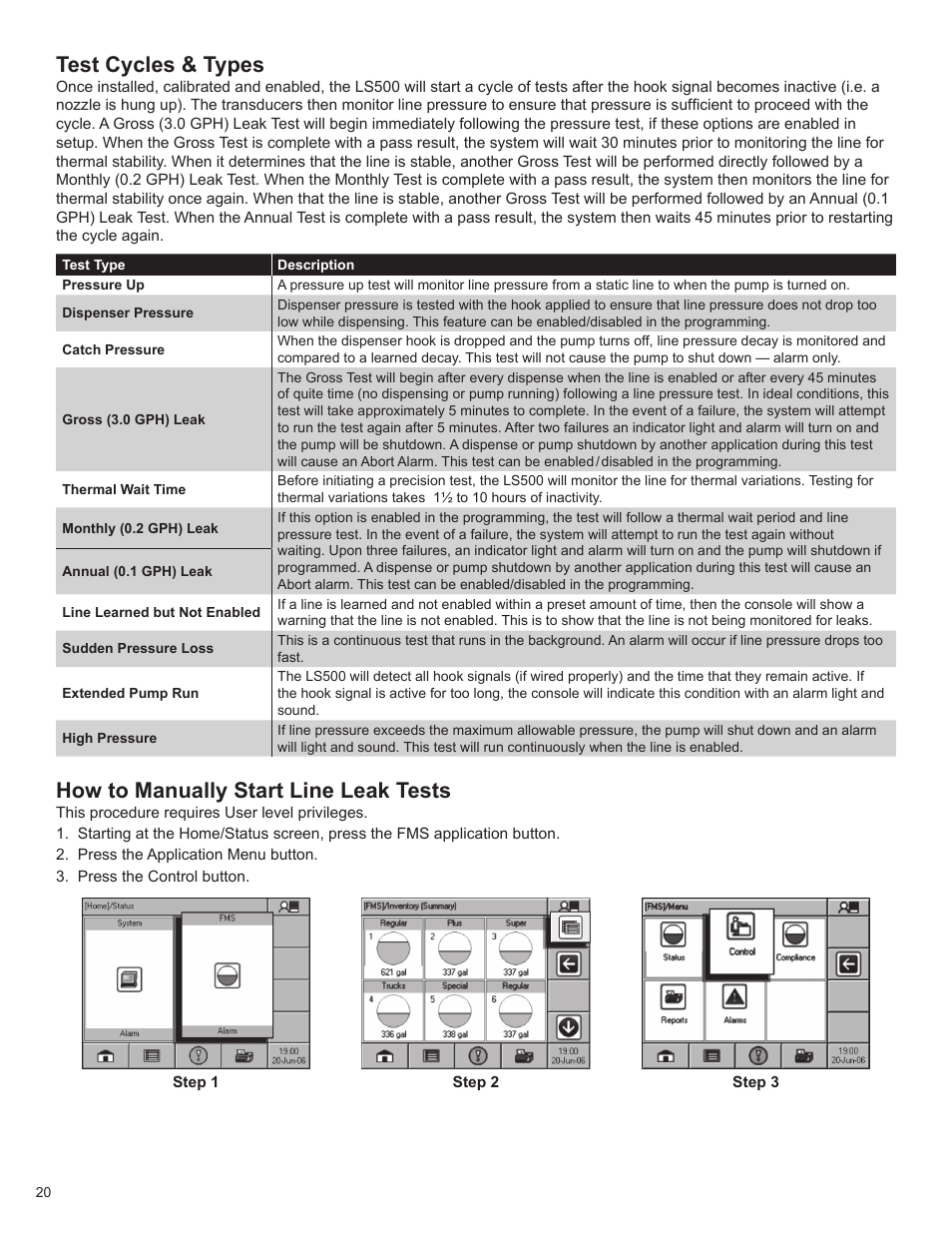 Test cycles & types, How to manually start line leak tests | Franklin Fueling Systems T5 Series Fuel Management System Operators Guide User Manual | Page 24 / 46