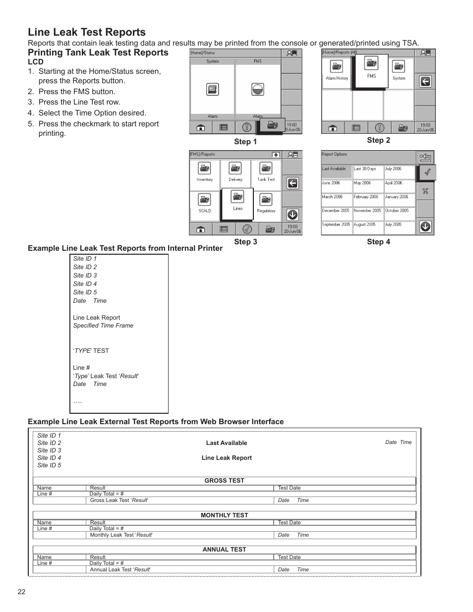 Line leak test reports, Printing tank leak test reports | Franklin Fueling Systems T5 Series Fuel Management System Operators Guide User Manual | Page 26 / 46