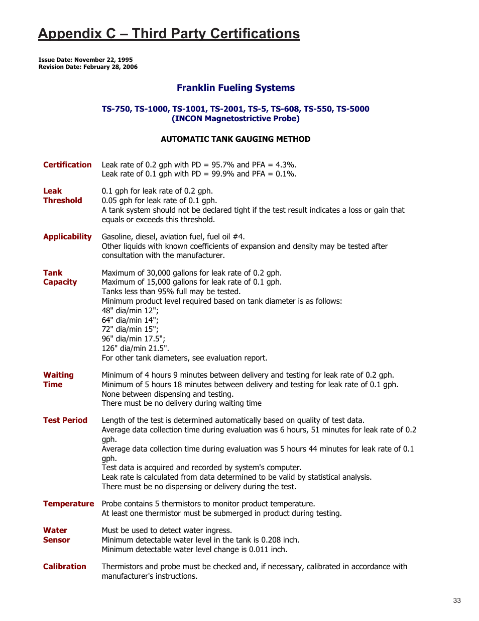 Appendix c – third party certifications | Franklin Fueling Systems T5 Series Fuel Management System Operators Guide User Manual | Page 37 / 46