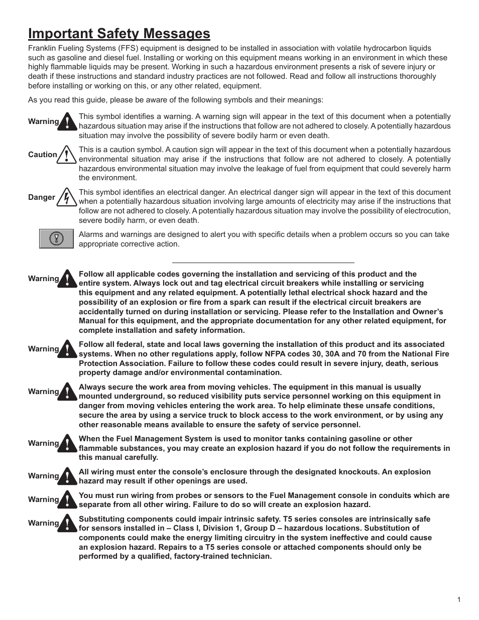 Important safety messages | Franklin Fueling Systems T5 Series Fuel Management System Operators Guide User Manual | Page 5 / 46