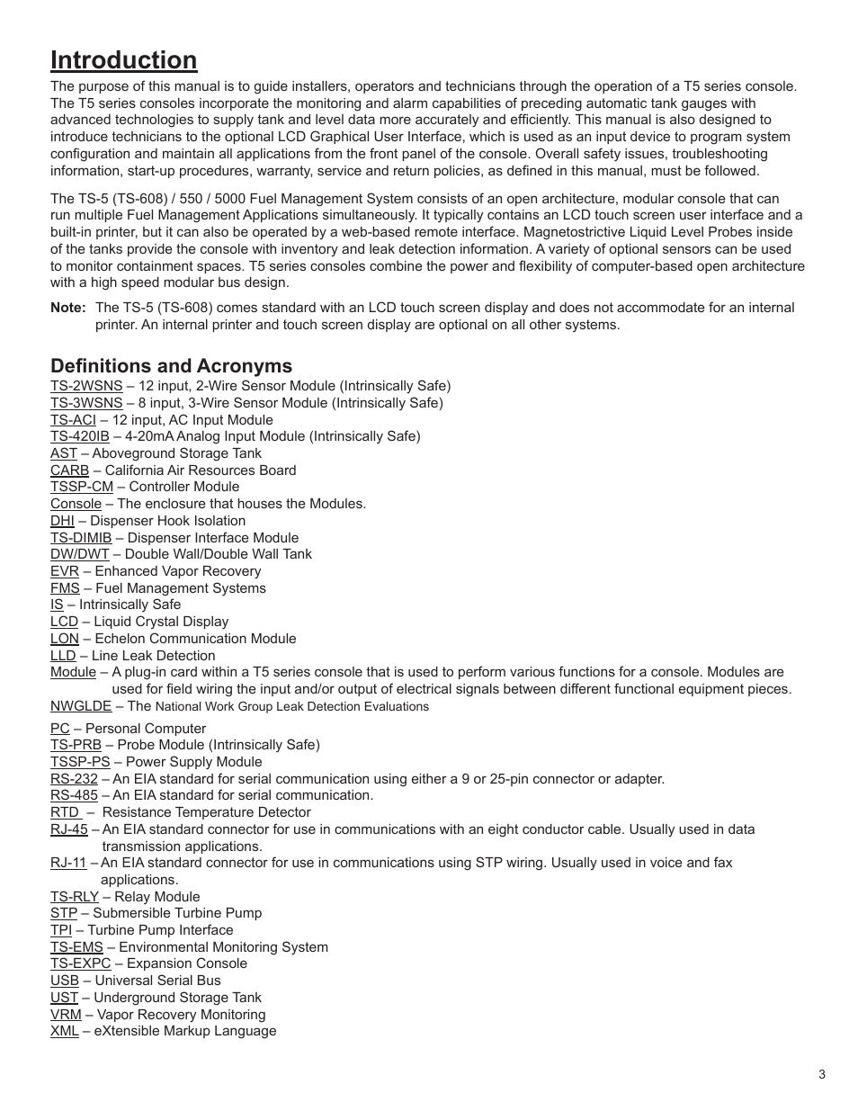 Introduction, Definitions and acronyms | Franklin Fueling Systems T5 Series Fuel Management System Operators Guide User Manual | Page 7 / 46