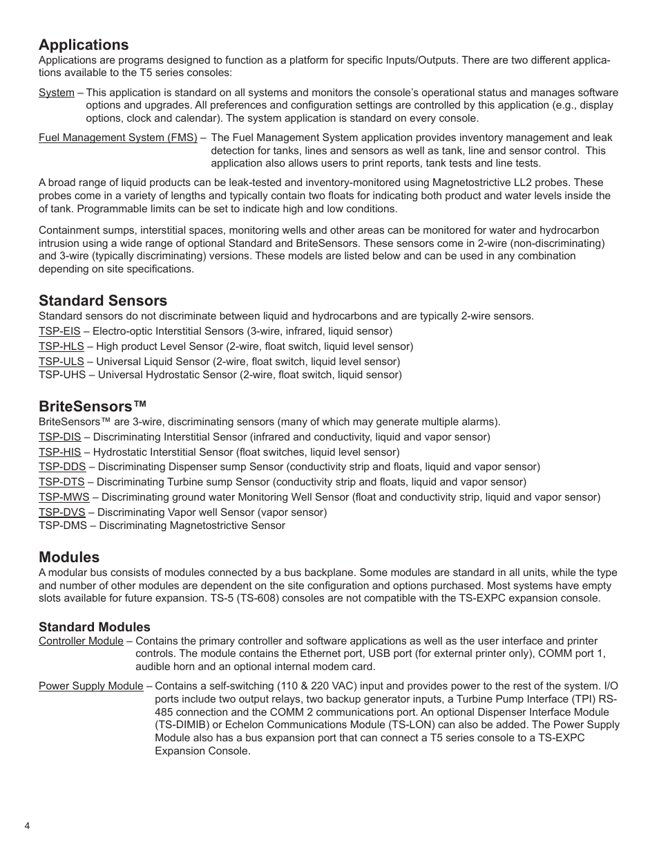 Applications, Standard sensors, Britesensors | Modules | Franklin Fueling Systems T5 Series Fuel Management System Operators Guide User Manual | Page 8 / 46