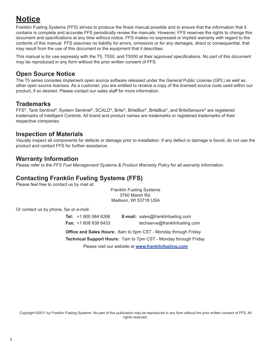 Notice, Open source notice, Trademarks | Inspection of materials, Warranty information, Contacting franklin fueling systems (ffs) | Franklin Fueling Systems T5 Series Fuel Management System Programming Guide User Manual | Page 2 / 66