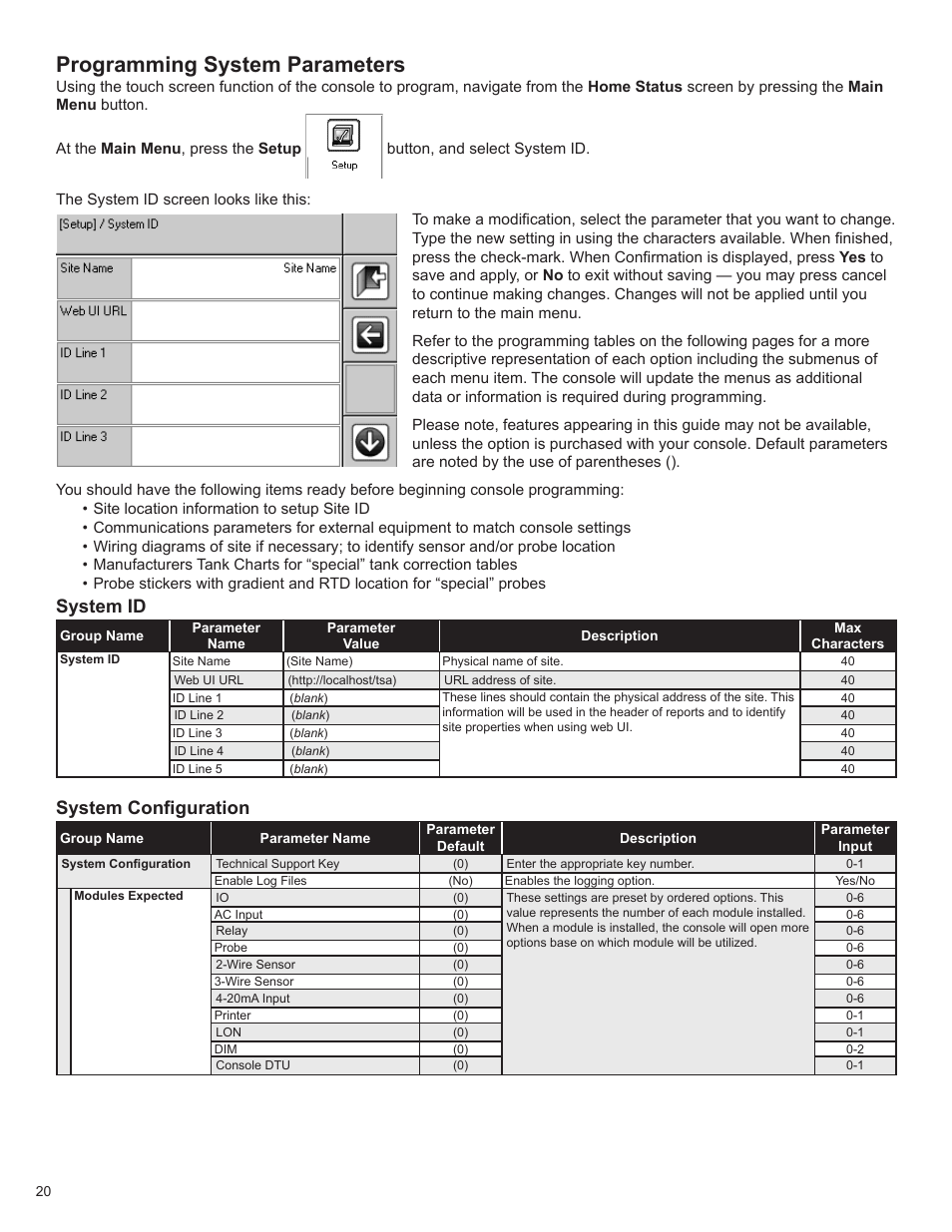 Programming system parameters, System id, System configuration | Franklin Fueling Systems T5 Series Fuel Management System Programming Guide User Manual | Page 24 / 66