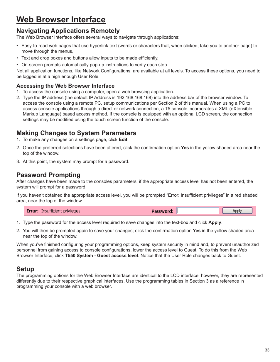 Web browser interface, Navigating applications remotely, Making changes to system parameters | Password prompting, Setup | Franklin Fueling Systems T5 Series Fuel Management System Programming Guide User Manual | Page 37 / 66