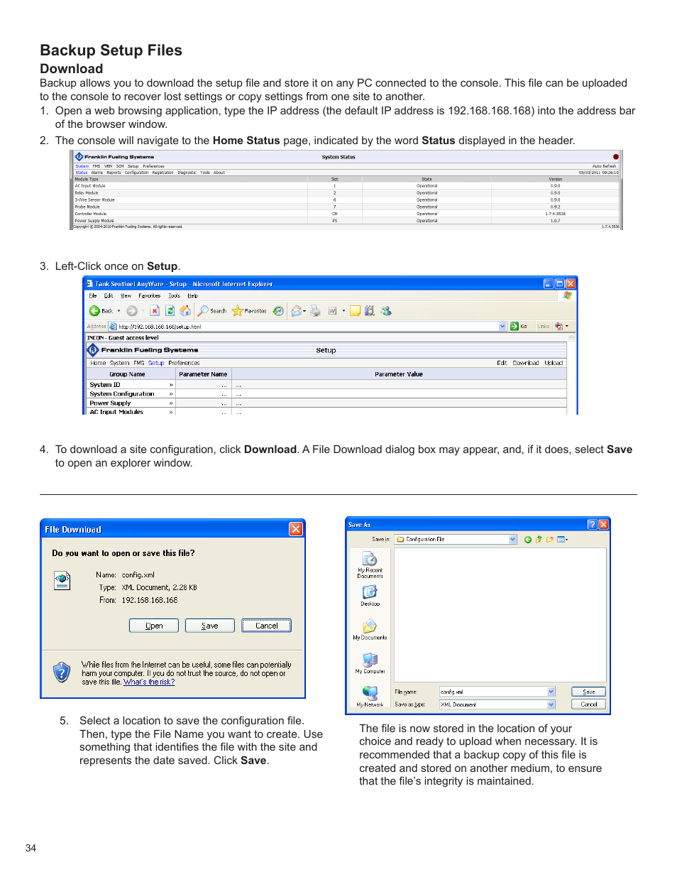 Backup setup files | Franklin Fueling Systems T5 Series Fuel Management System Programming Guide User Manual | Page 38 / 66