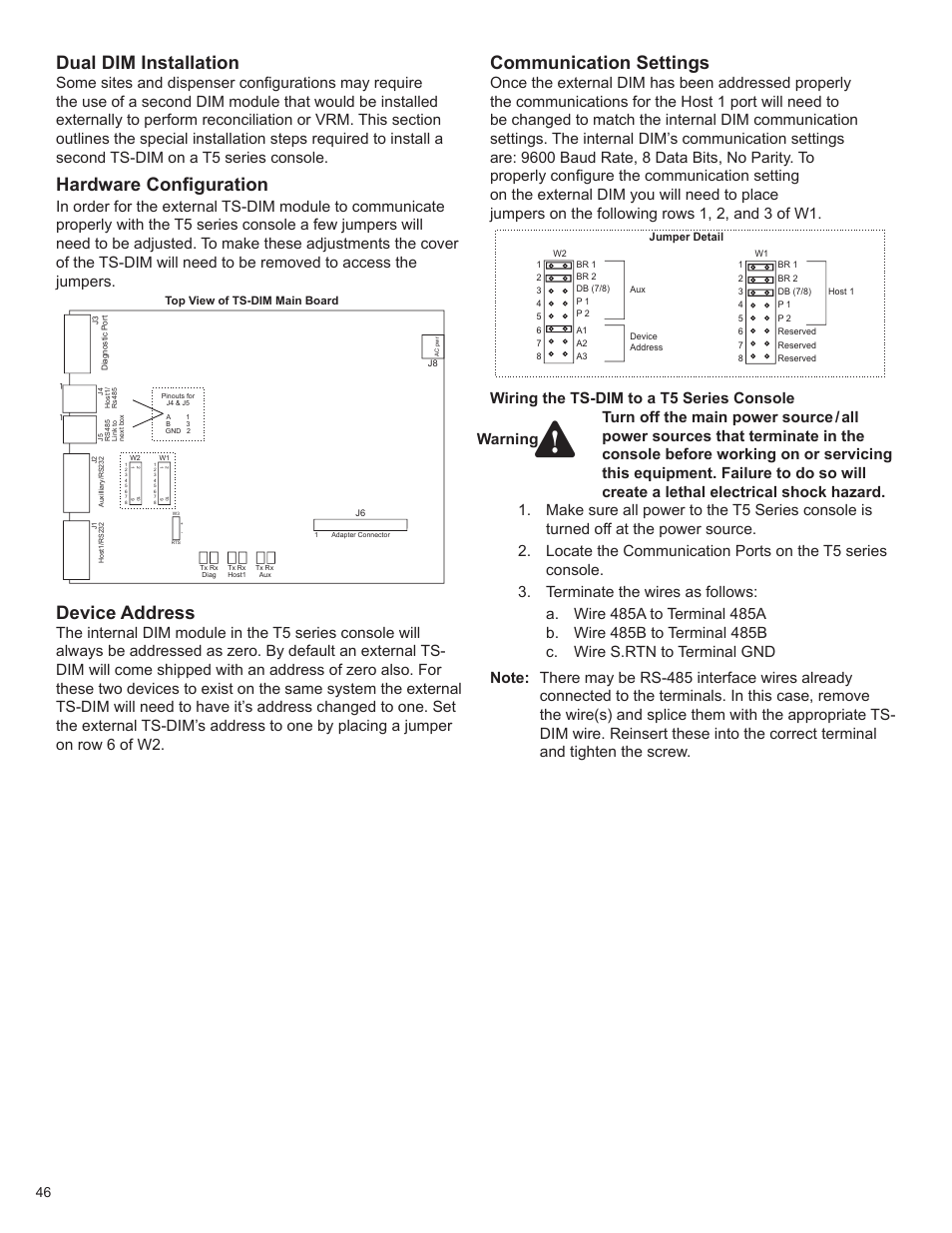 Dual dim installation, Hardware configuration, Device address | Communication settings | Franklin Fueling Systems T5 Series Fuel Management System Programming Guide User Manual | Page 50 / 66