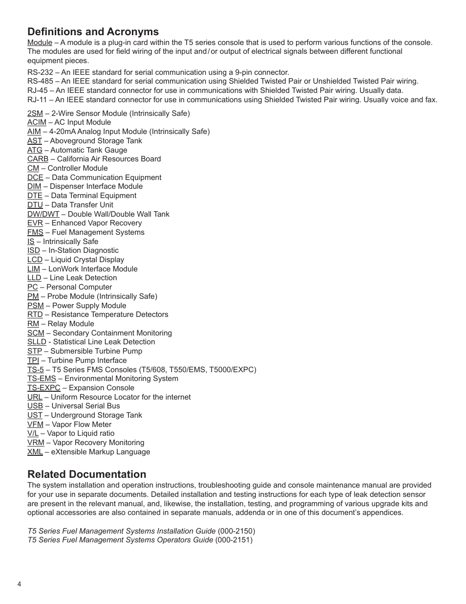 Definitions and acronyms, Related documentation | Franklin Fueling Systems T5 Series Fuel Management System Programming Guide User Manual | Page 8 / 66