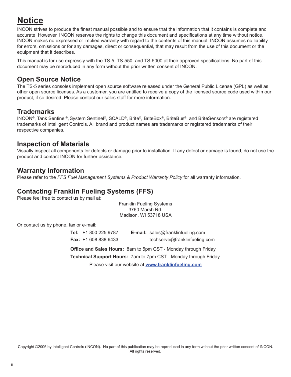 Notice, Open source notice, Trademarks | Inspection of materials, Warranty information, Contacting franklin fueling systems (ffs) | Franklin Fueling Systems T5 Tank Sentinel Programming Guide User Manual | Page 2 / 48