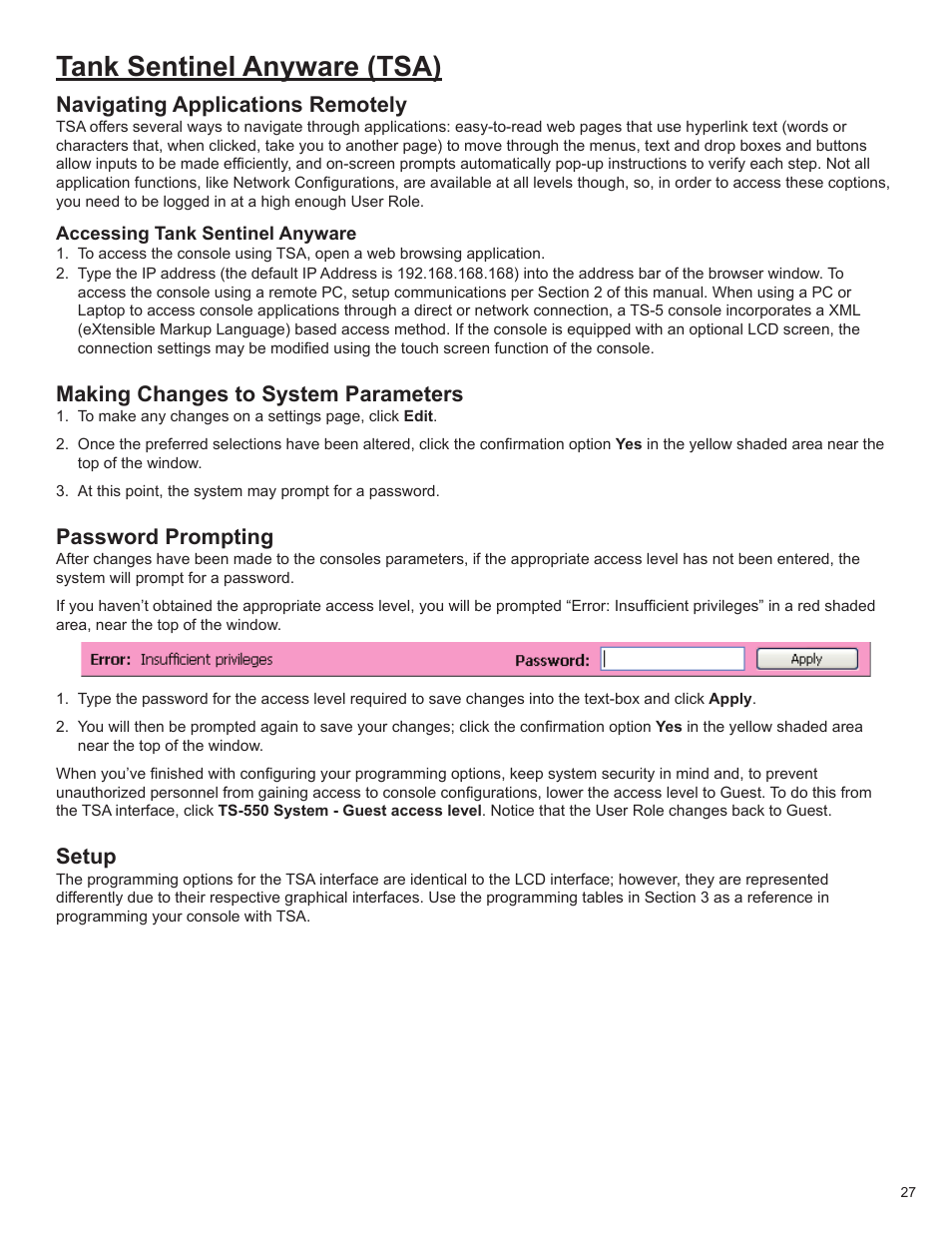 Tank sentinel anyware (tsa), Navigating applications remotely, Making changes to system parameters | Password prompting, Setup | Franklin Fueling Systems T5 Tank Sentinel Programming Guide User Manual | Page 31 / 48