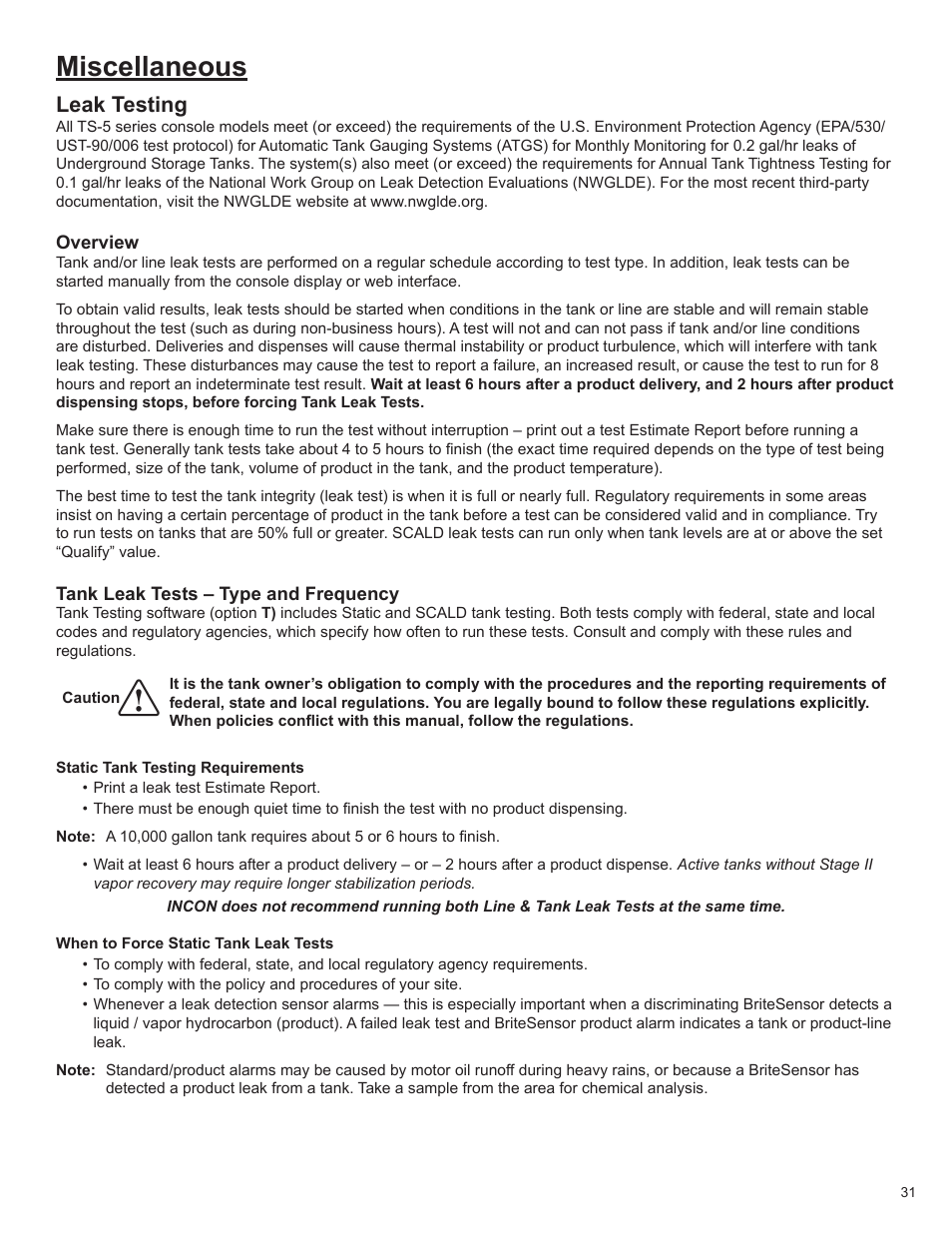 Miscellaneous, Leak testing | Franklin Fueling Systems T5 Tank Sentinel Programming Guide User Manual | Page 35 / 48