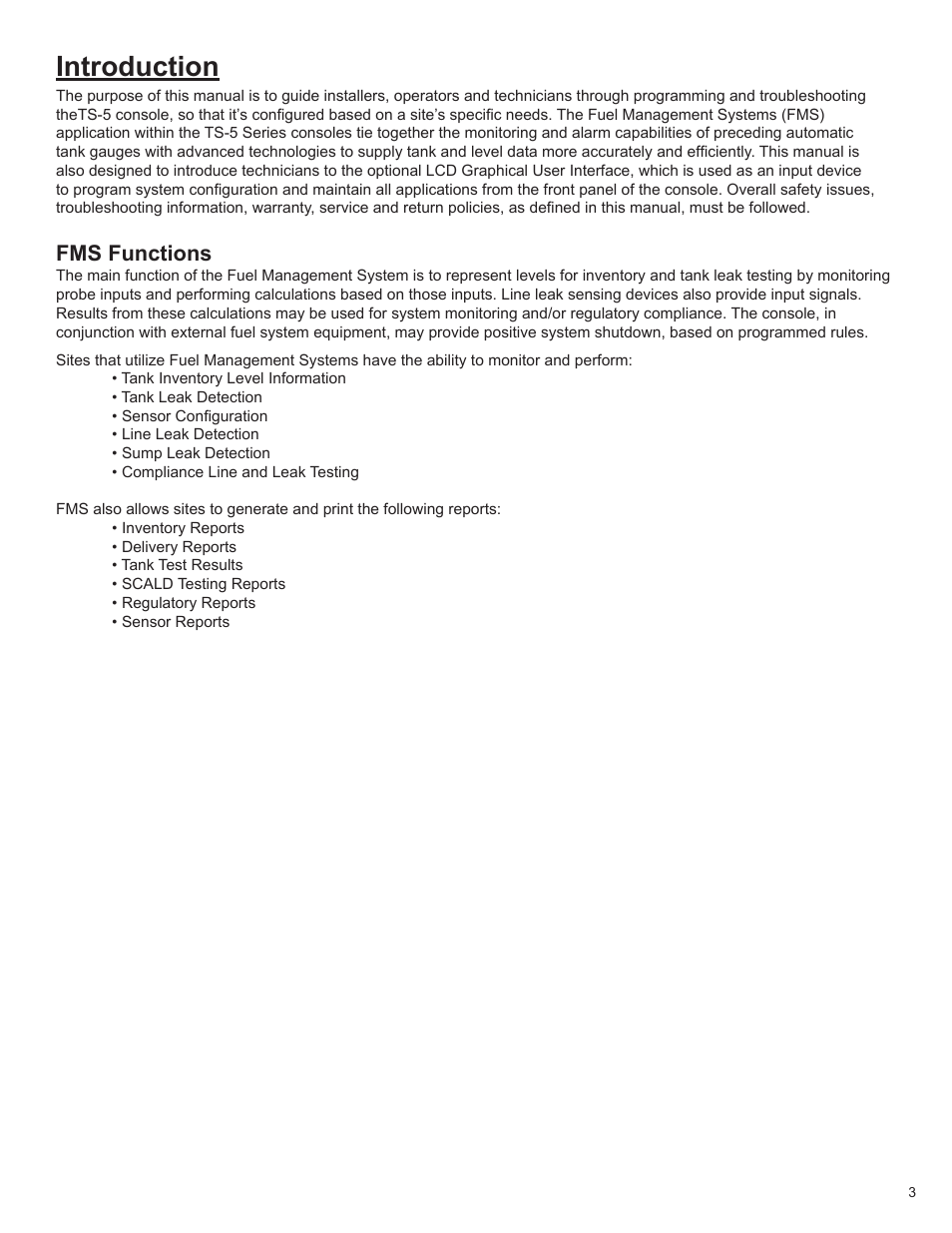 Introduction, Fms functions | Franklin Fueling Systems T5 Tank Sentinel Programming Guide User Manual | Page 7 / 48