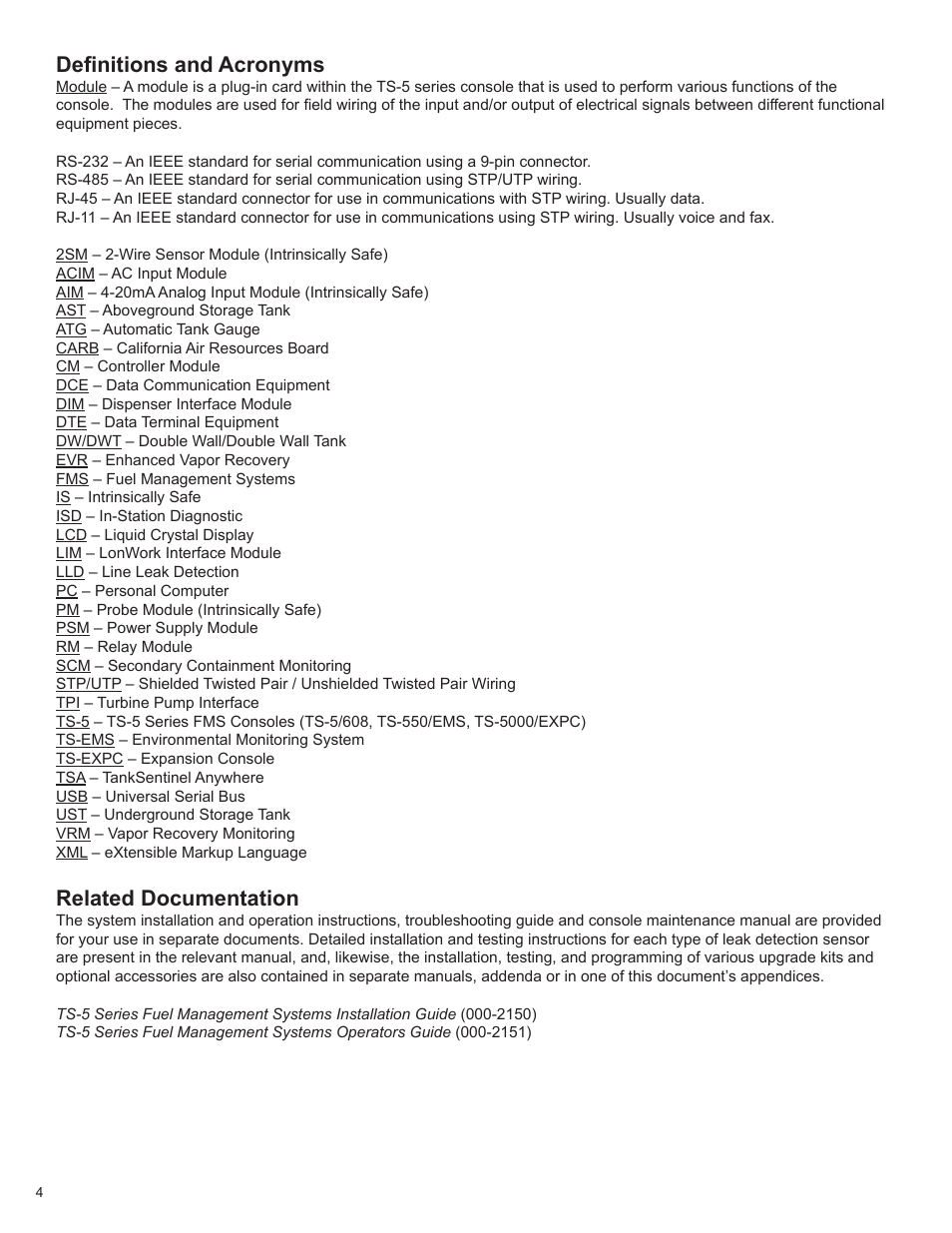 Definitions and acronyms, Related documentation | Franklin Fueling Systems T5 Tank Sentinel Programming Guide User Manual | Page 8 / 48