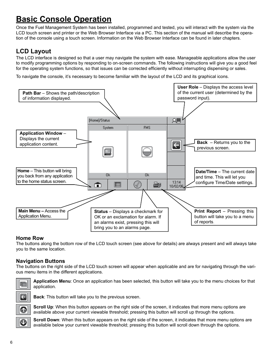 Basic console operation, Lcd layout | Franklin Fueling Systems T5 Series Fuel Management System Operators Guide User Manual | Page 10 / 48