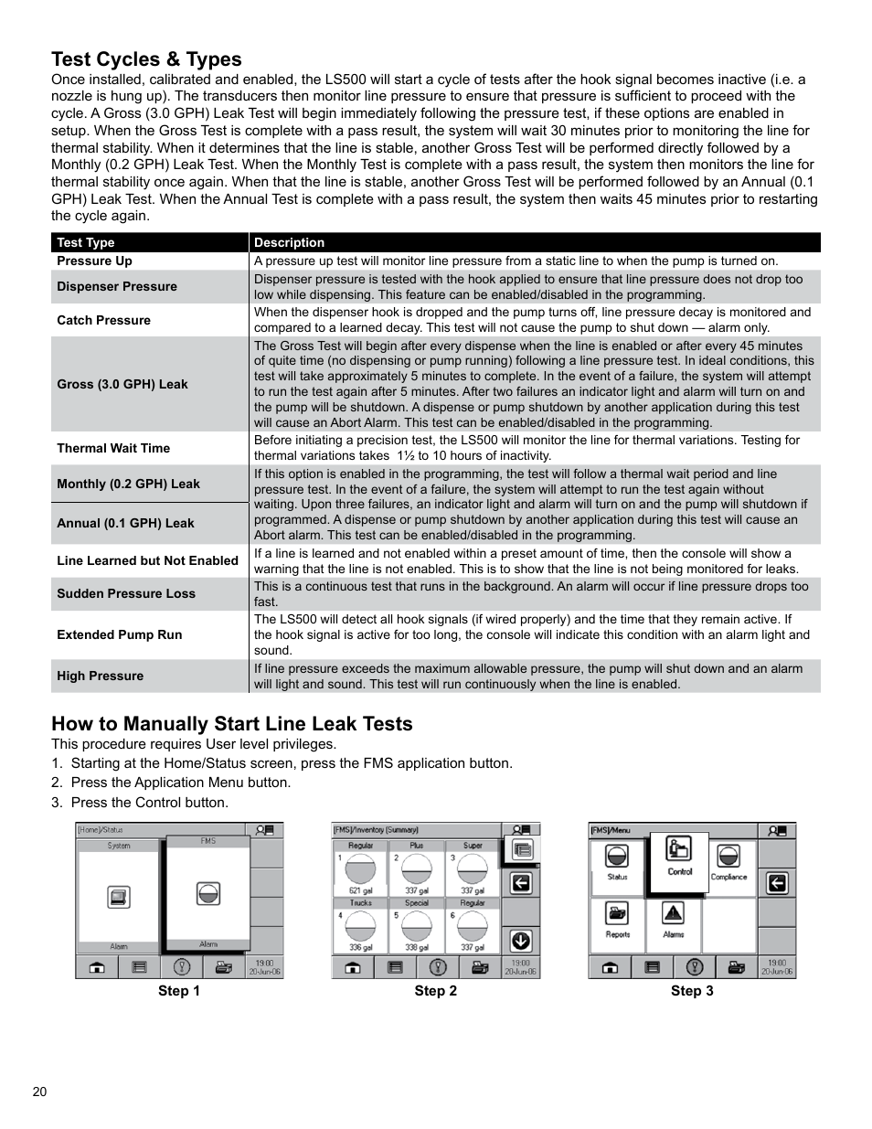Test cycles & types, How to manually start line leak tests | Franklin Fueling Systems T5 Series Fuel Management System Operators Guide User Manual | Page 24 / 48