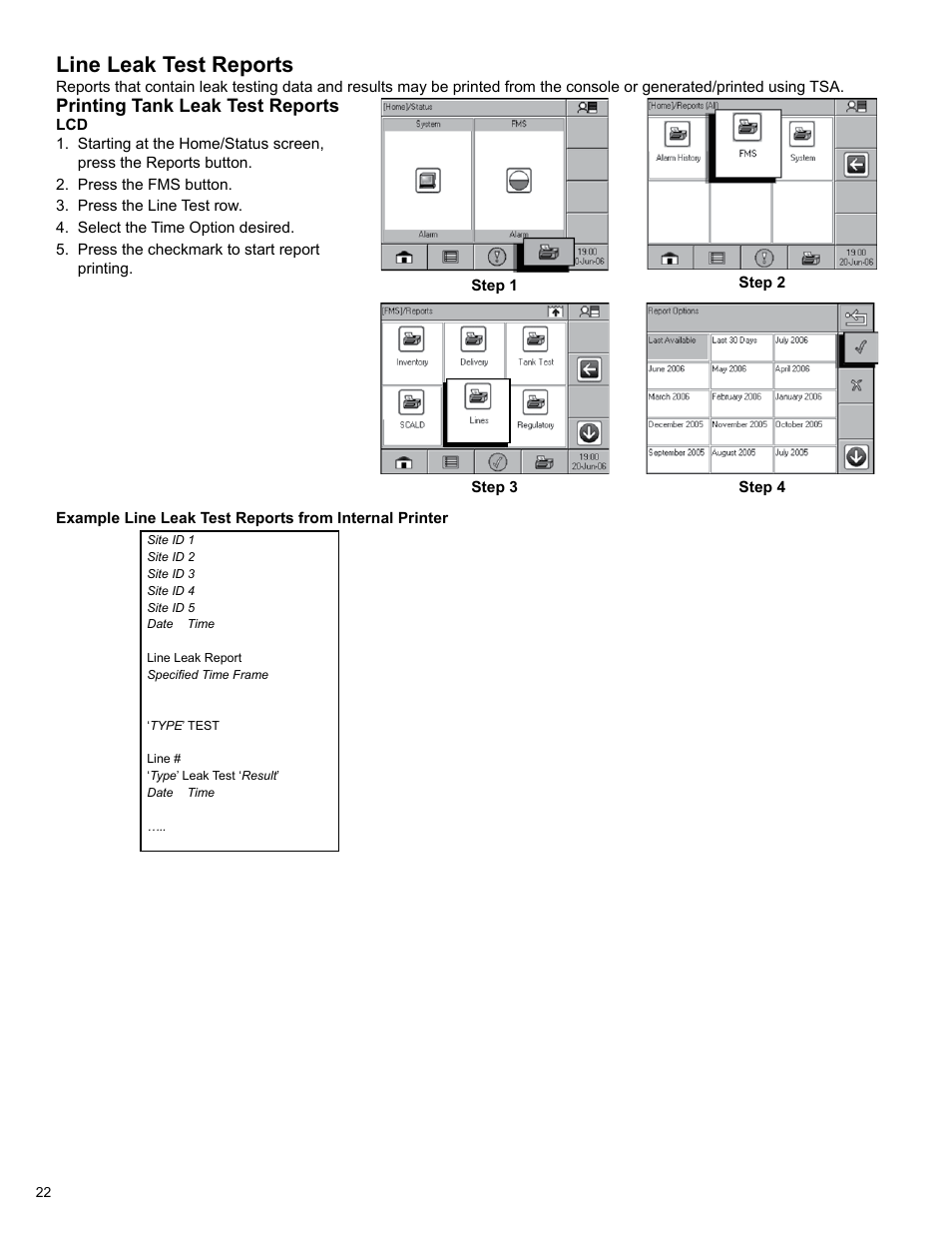 Line leak test reports | Franklin Fueling Systems T5 Series Fuel Management System Operators Guide User Manual | Page 26 / 48