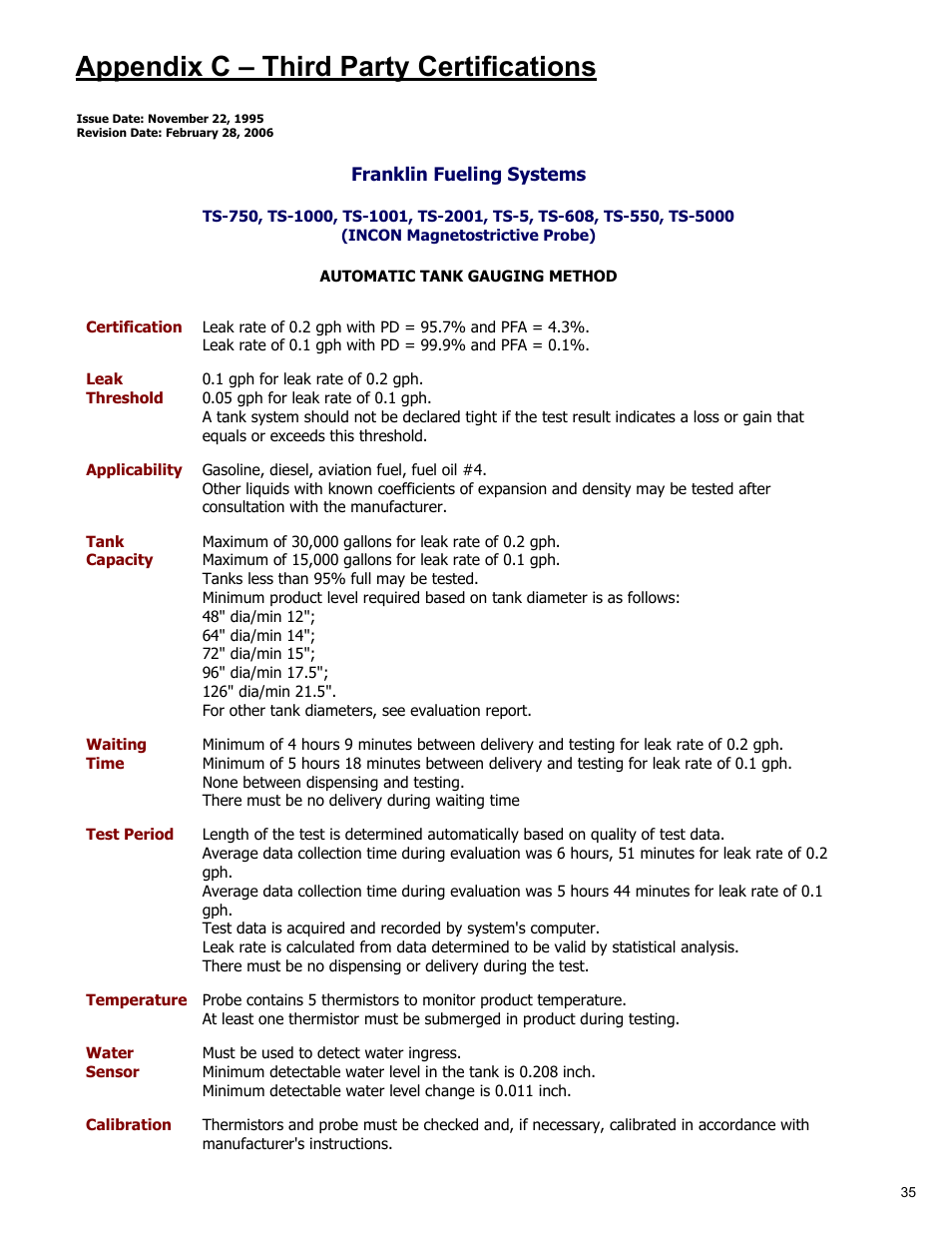 Appendix c – third party certifications | Franklin Fueling Systems T5 Series Fuel Management System Operators Guide User Manual | Page 39 / 48