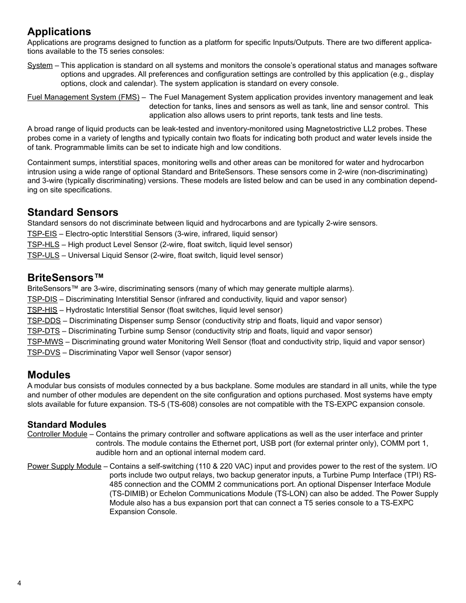 Applications, Standard sensors, Britesensors | Modules | Franklin Fueling Systems T5 Series Fuel Management System Operators Guide User Manual | Page 8 / 48