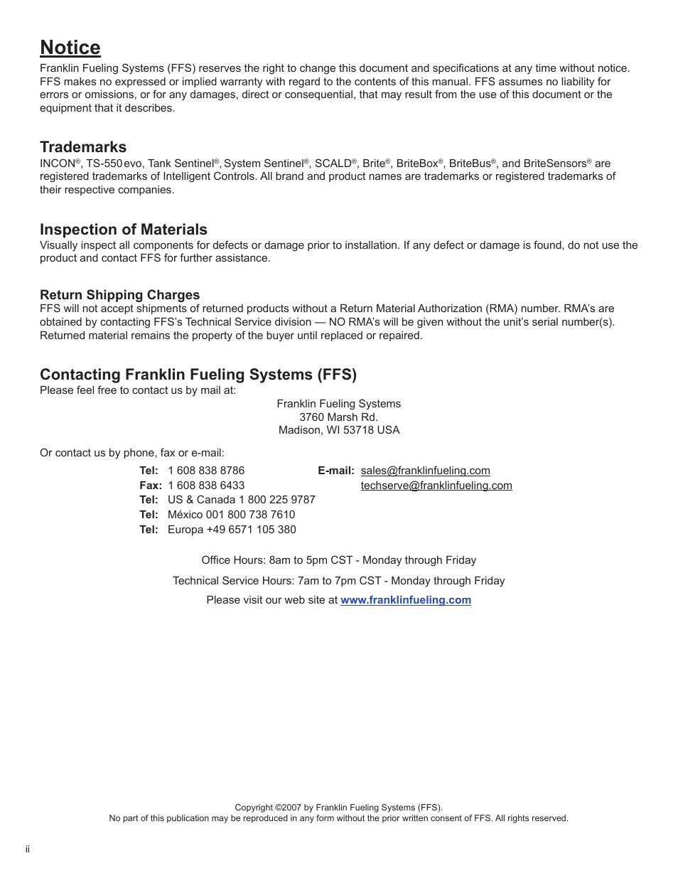 Notice, Trademarks, Inspection of materials | Contacting franklin fueling systems (ffs), Return shipping charges | Franklin Fueling Systems TS 550 evo Fuel Management System Operators Guide User Manual | Page 2 / 48