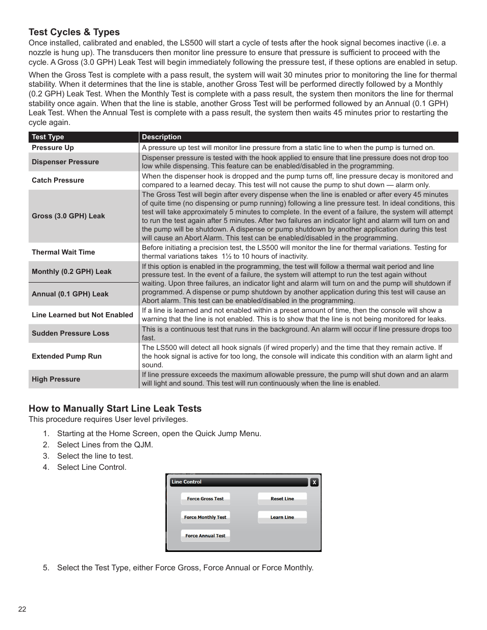 Test cycles & types, How to manually start line leak tests | Franklin Fueling Systems TS 550 evo Fuel Management System Operators Guide User Manual | Page 26 / 48