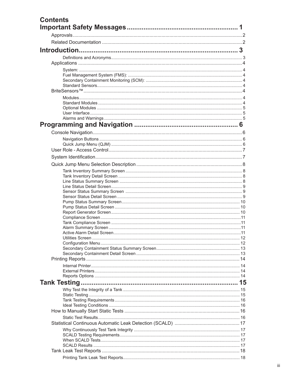 Contents important safety messages, Introduction, Programming and navigation | Tank testing | Franklin Fueling Systems TS 550 evo Fuel Management System Operators Guide User Manual | Page 3 / 48