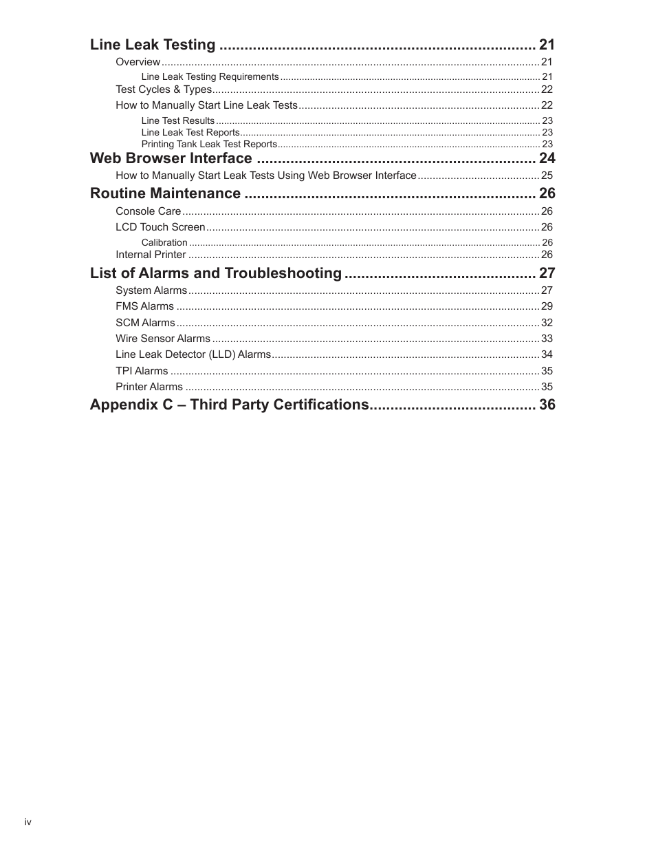 Line leak testing, Web browser interface, Routine maintenance | List of alarms and troubleshooting, Appendix c – third party certifications | Franklin Fueling Systems TS 550 evo Fuel Management System Operators Guide User Manual | Page 4 / 48