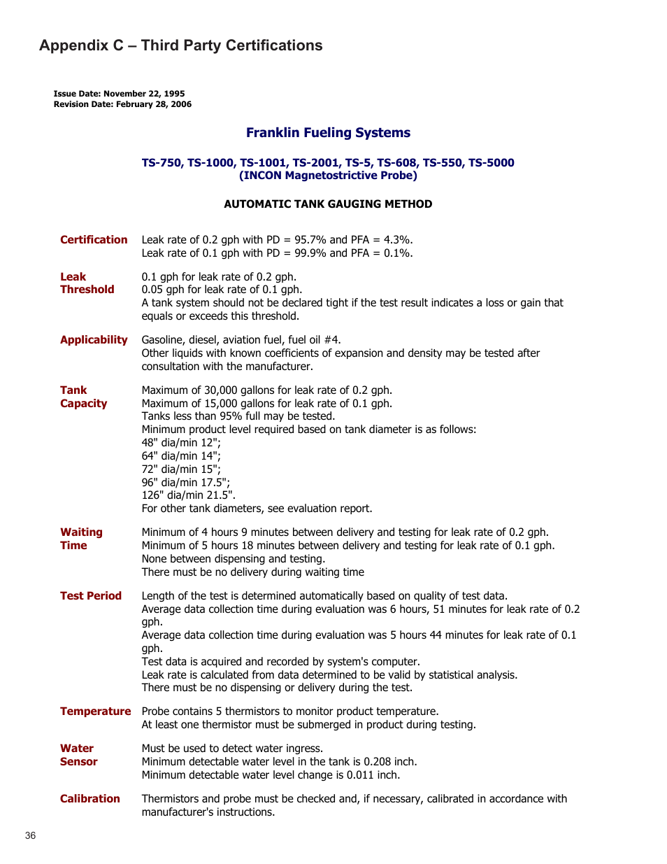 Appendix c – third party certifications | Franklin Fueling Systems TS 550 evo Fuel Management System Operators Guide User Manual | Page 40 / 48