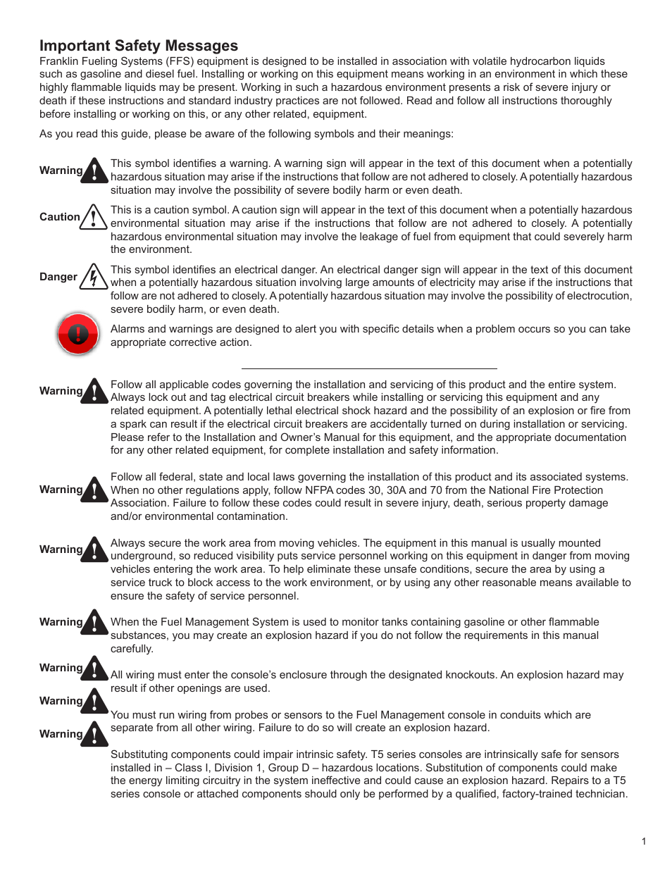 Important safety messages, Line leak testing, Web browser interface | Routine maintenance, List of alarms and troubleshooting, Appendix c – third party certifications | Franklin Fueling Systems TS 550 evo Fuel Management System Operators Guide User Manual | Page 5 / 48