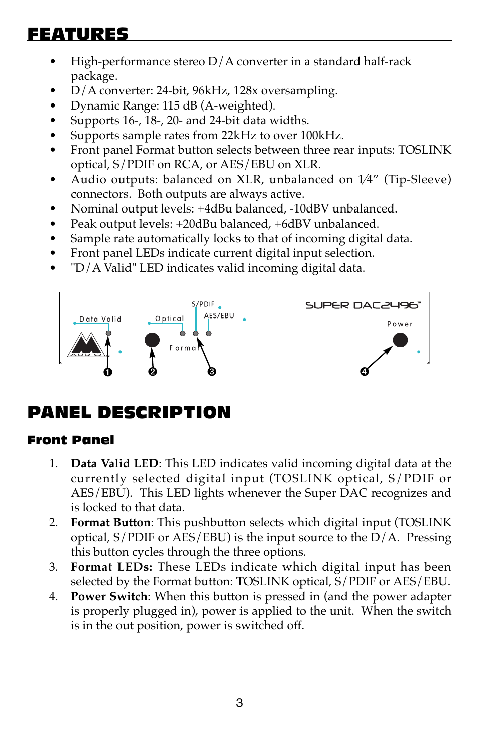 Features, Panel description, Front panel | M-AUDIO Super DAC User Manual | Page 3 / 12