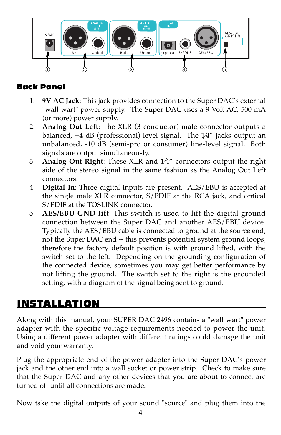 Back panel, Installation | M-AUDIO Super DAC User Manual | Page 4 / 12