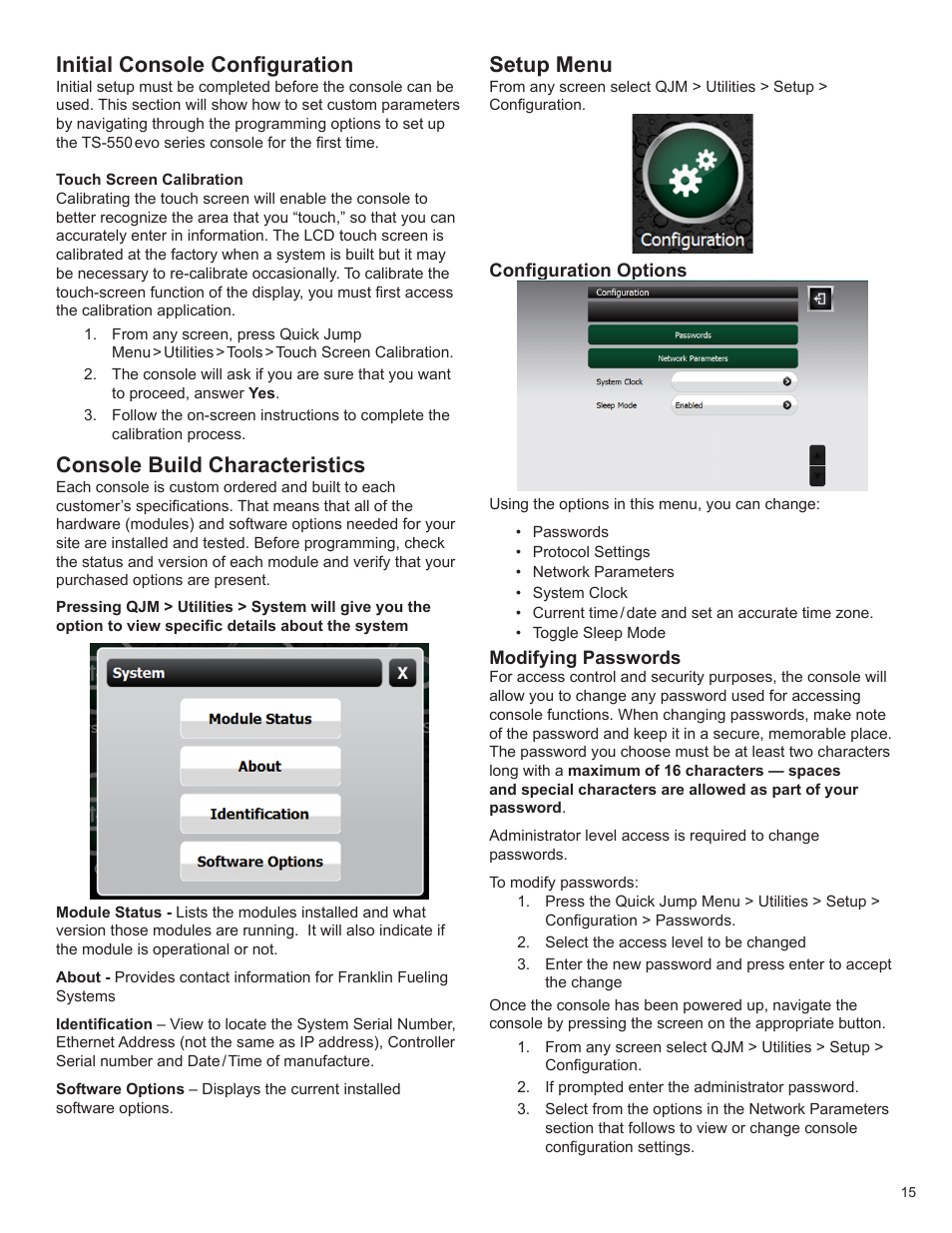 Initial console configuration, Console build characteristics, Setup menu | Franklin Fueling Systems TS 550 evo Fuel Management System Programming Guide User Manual | Page 15 / 54