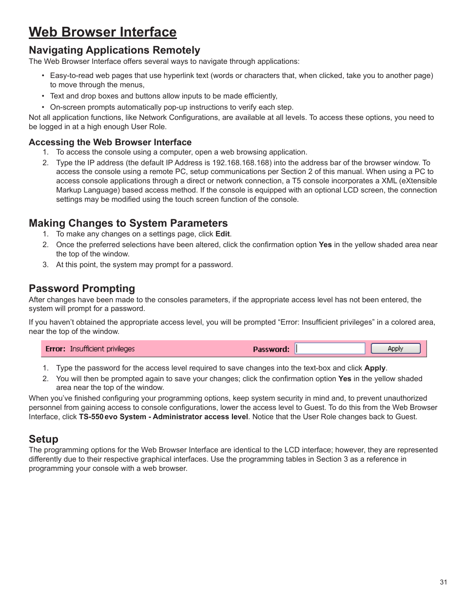 Web browser interface, Navigating applications remotely, Making changes to system parameters | Password prompting, Setup | Franklin Fueling Systems TS 550 evo Fuel Management System Programming Guide User Manual | Page 31 / 54