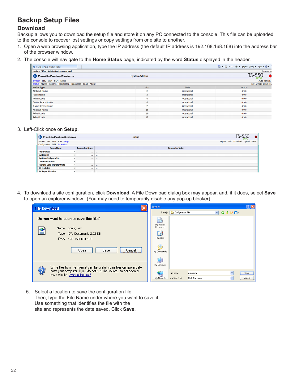 Backup setup files | Franklin Fueling Systems TS 550 evo Fuel Management System Programming Guide User Manual | Page 32 / 54