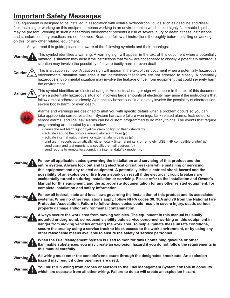 Important safety messages | Franklin Fueling Systems TS 550 evo Fuel Management System Programming Guide User Manual | Page 5 / 54