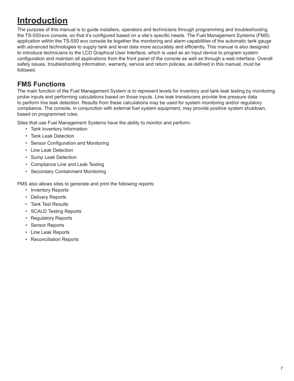 Introduction, Fms functions | Franklin Fueling Systems TS 550 evo Fuel Management System Programming Guide User Manual | Page 7 / 54