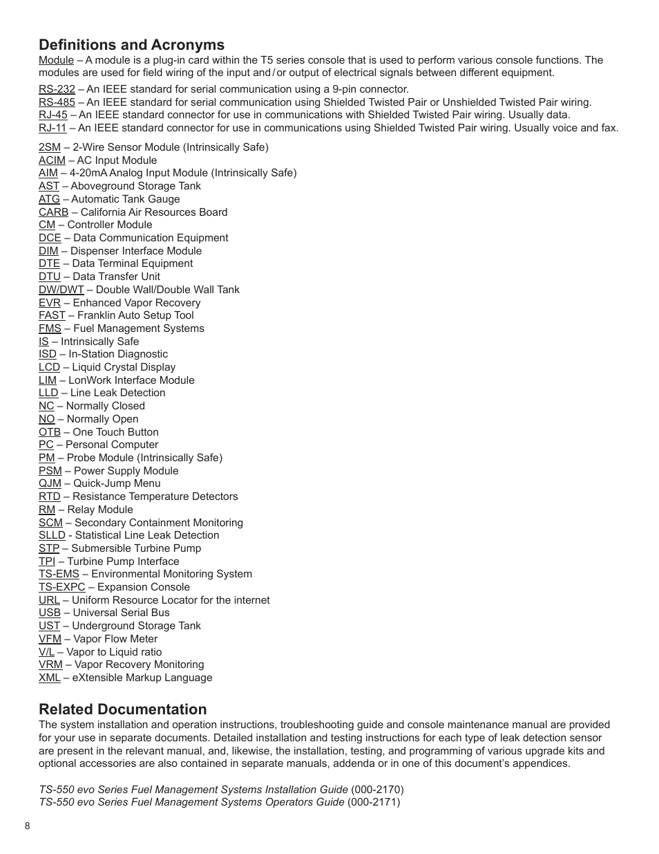 Definitions and acronyms, Related documentation | Franklin Fueling Systems TS 550 evo Fuel Management System Programming Guide User Manual | Page 8 / 54