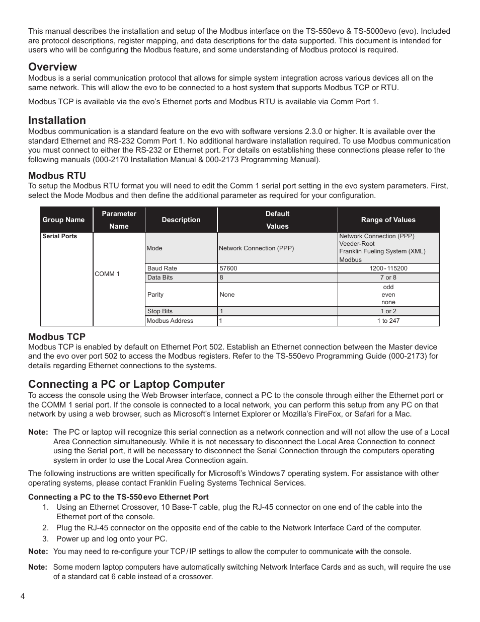 Overview, Installation, Connecting a pc or laptop computer | Modbus rtu, Modbus tcp | Franklin Fueling Systems TS-5000 evo MODBUS Installation & Setup User Manual | Page 4 / 22