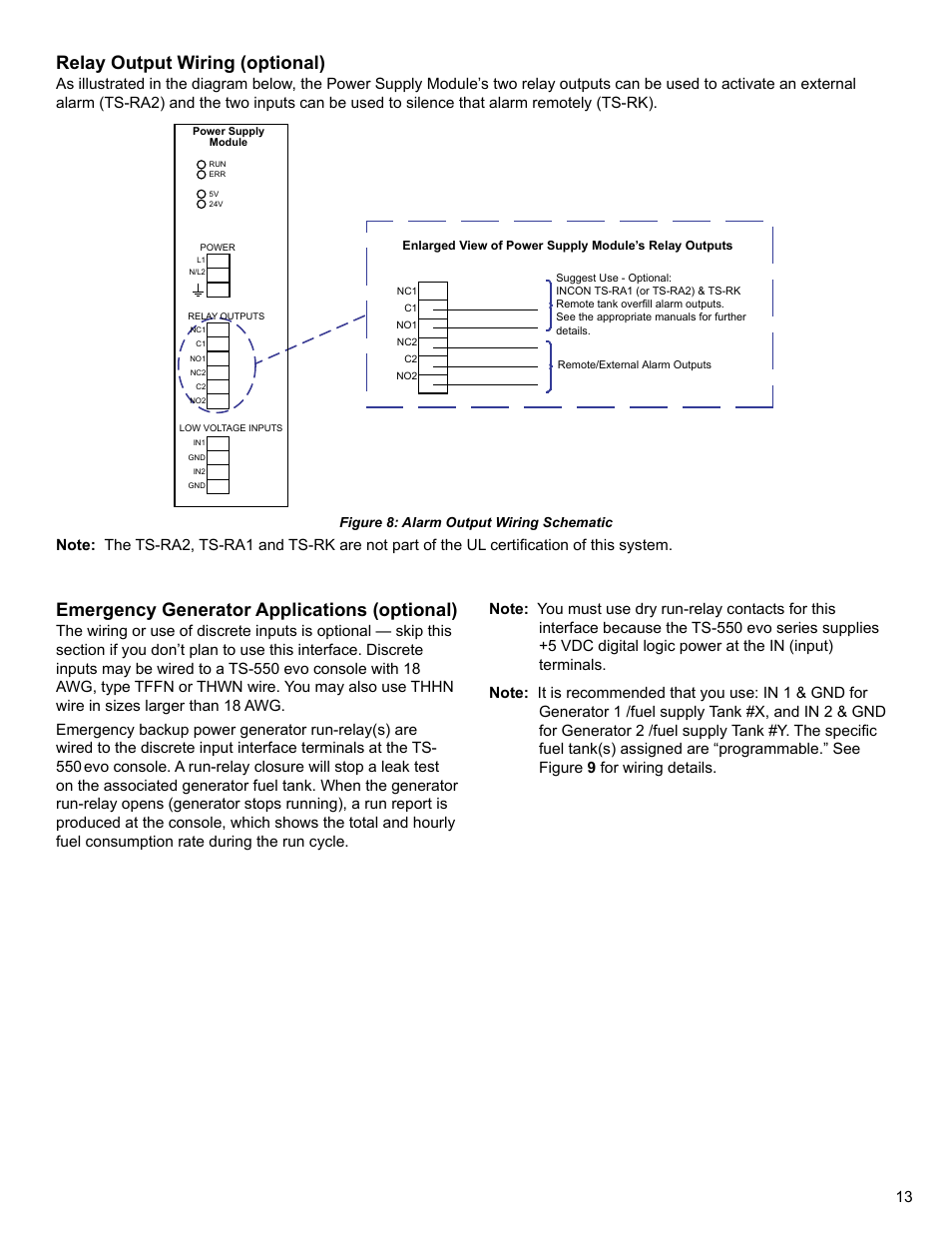 Relay output wiring (optional), Emergency generator applications (optional) | Franklin Fueling Systems TS 550 evo Fuel Management System Installation User Manual | Page 13 / 28