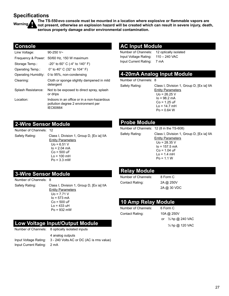 Specifications, Ac input module, 20ma analog input module | Probe module, Relay module, Console, Wire sensor module, Low voltage input/output module, 10 amp relay module | Franklin Fueling Systems TS 550 evo Fuel Management System Installation User Manual | Page 27 / 28