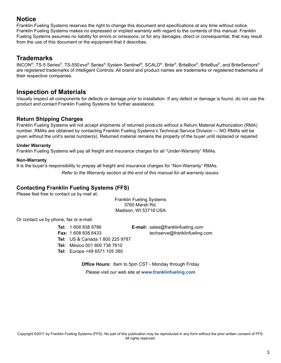 Notice, Trademarks, Inspection of materials | Return shipping charges, Contacting franklin fueling systems (ffs) | Franklin Fueling Systems TS 550 evo Fuel Management System Installation User Manual | Page 3 / 28