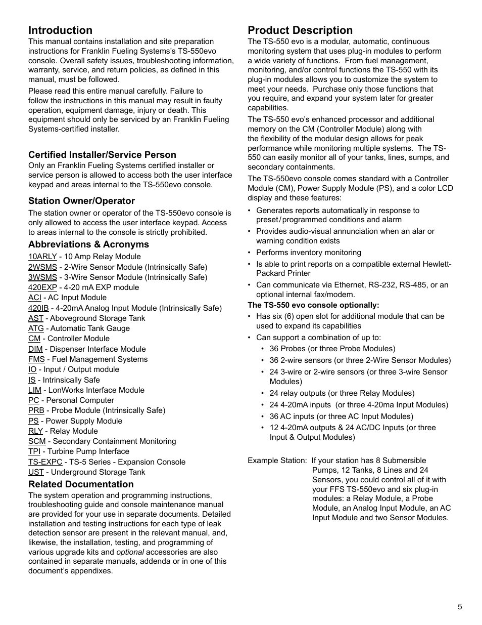 Introduction, Product description | Franklin Fueling Systems TS 550 evo Fuel Management System Installation User Manual | Page 5 / 28