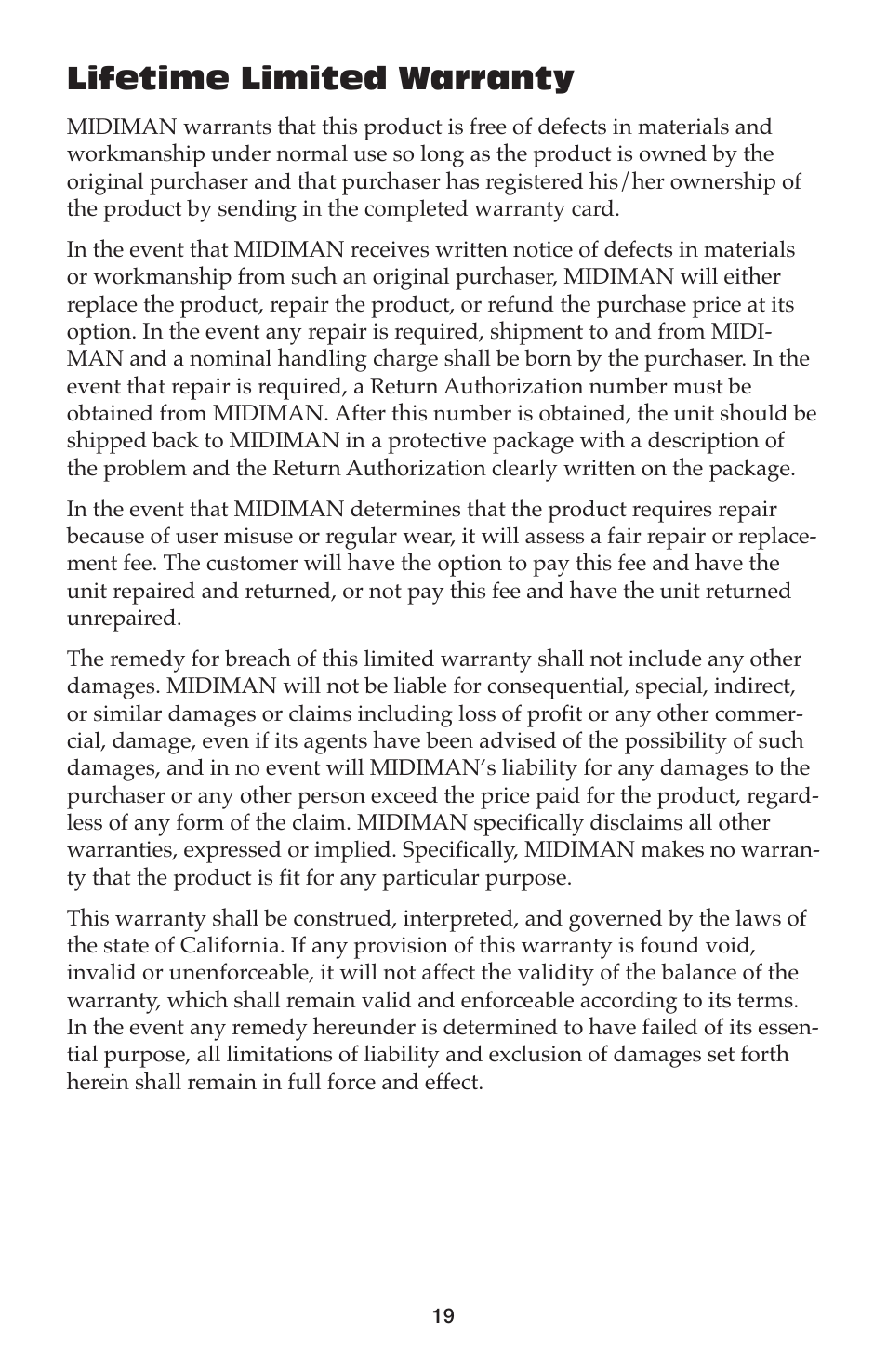 Lifetime limited warranty | M-AUDIO DigiPatch User Manual | Page 19 / 20