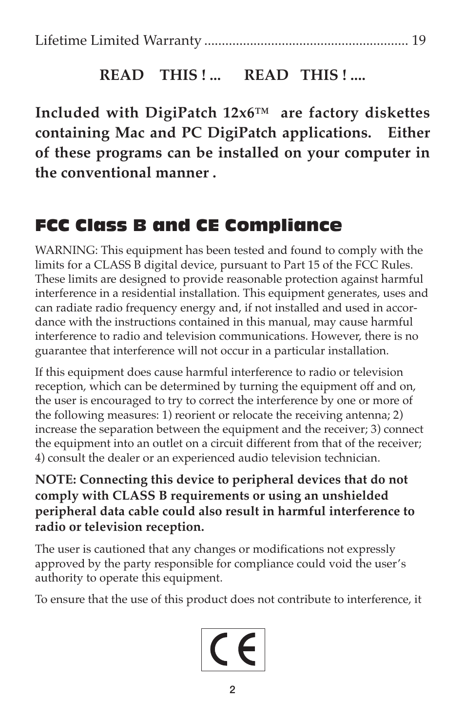 Fcc class b and ce compliance | M-AUDIO DigiPatch User Manual | Page 2 / 20