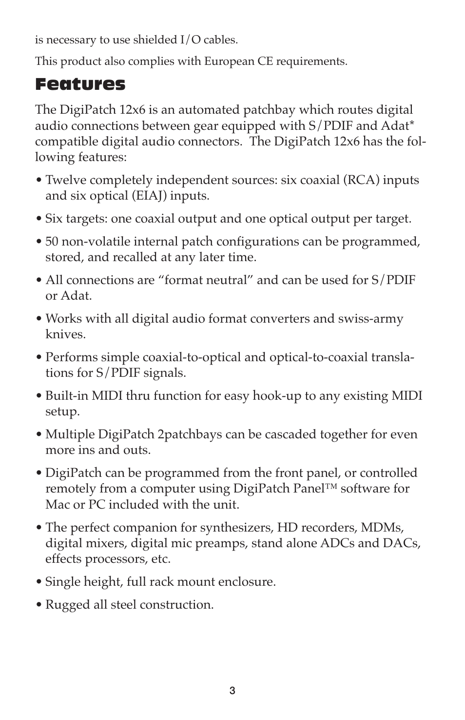 Features | M-AUDIO DigiPatch User Manual | Page 3 / 20