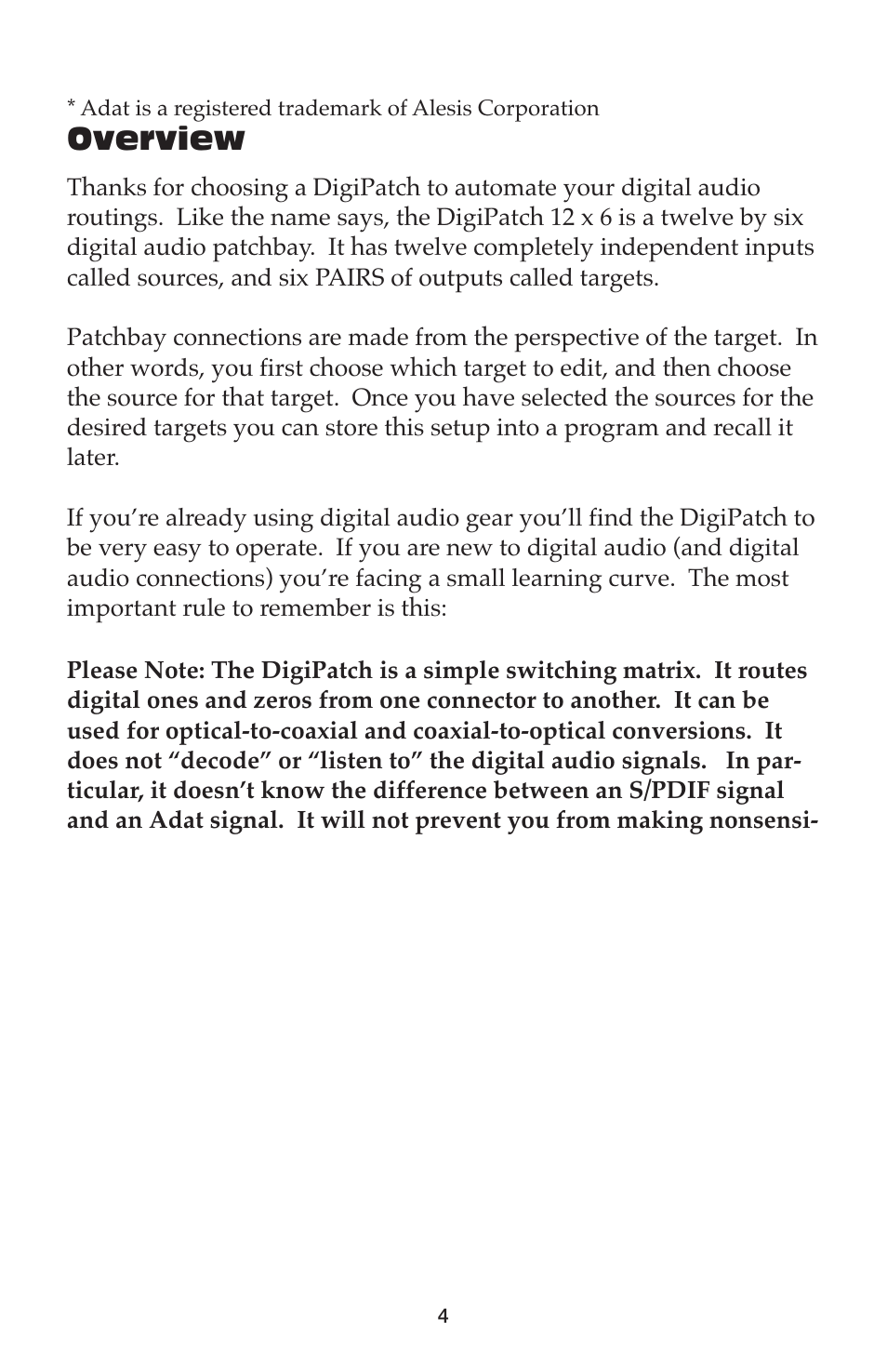 Overview | M-AUDIO DigiPatch User Manual | Page 4 / 20