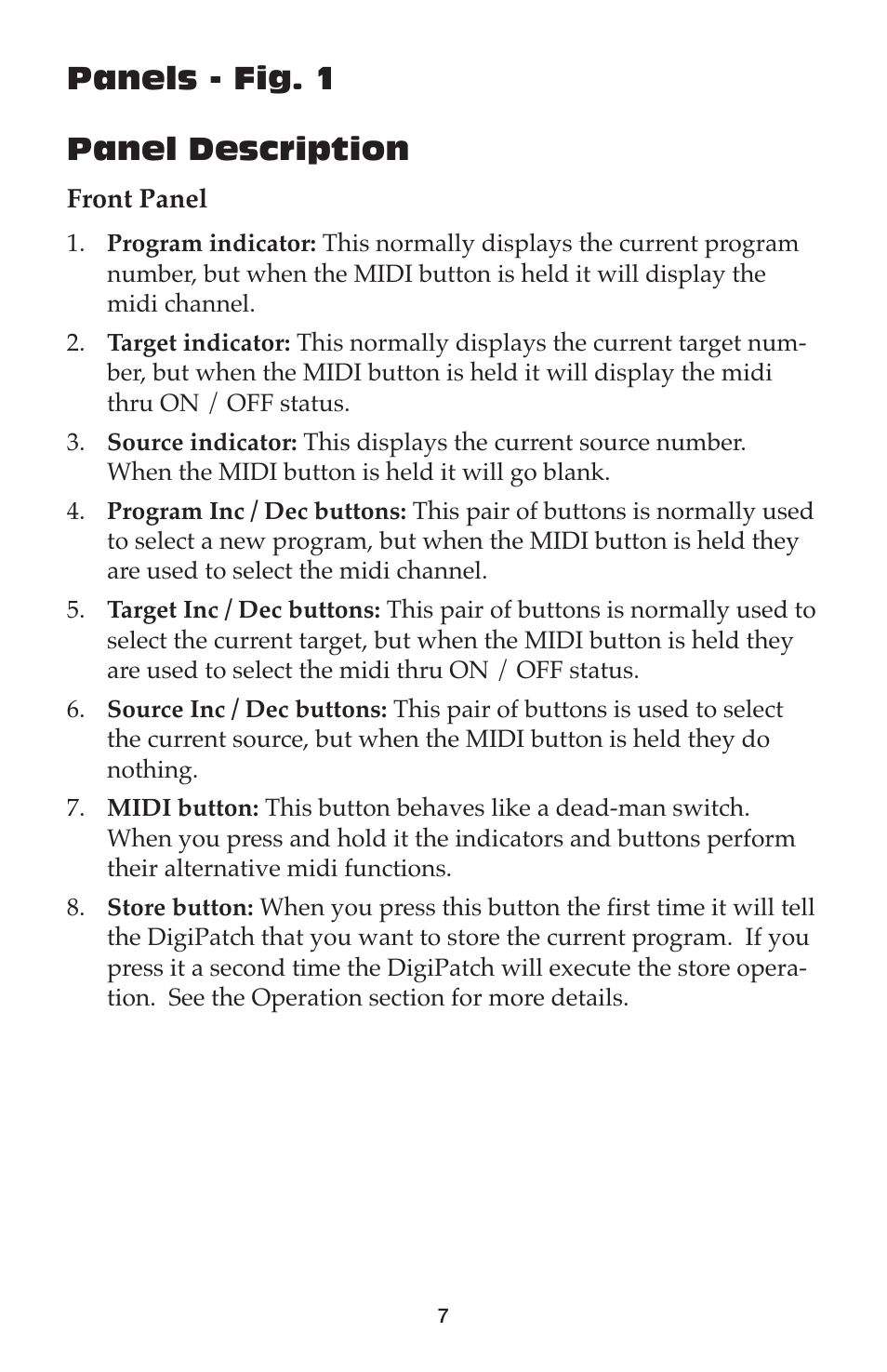 Panels - fig. 1 panel description | M-AUDIO DigiPatch User Manual | Page 7 / 20