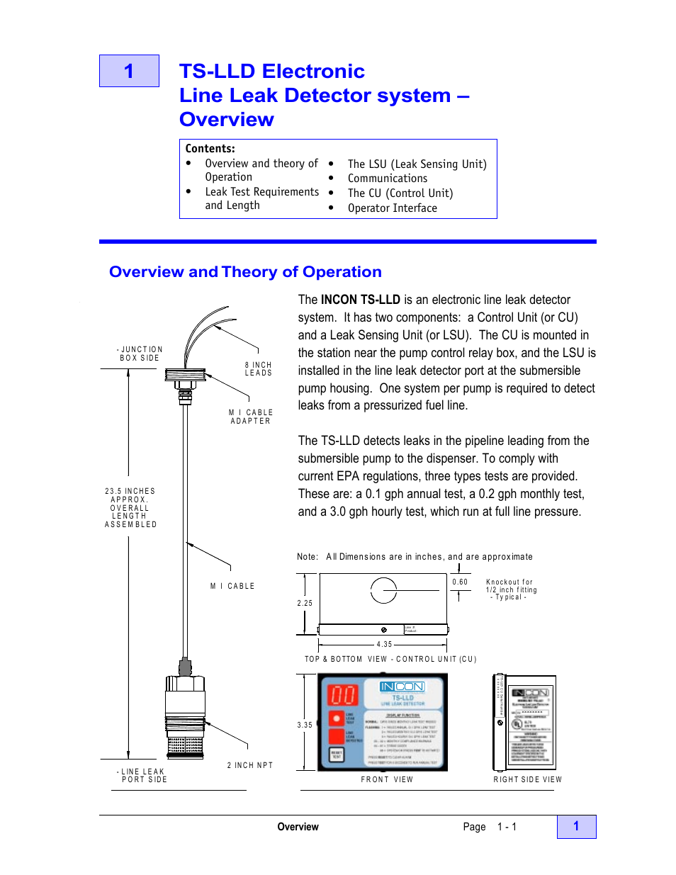 Overview and theory of operation - 1, Figure 1.1, Lsu outline - 1 | Figure 1.2, Cu outline dimensions - 1, Overview and theory of operation | Franklin Fueling Systems TS-LLD Installation Manual User Manual | Page 11 / 86