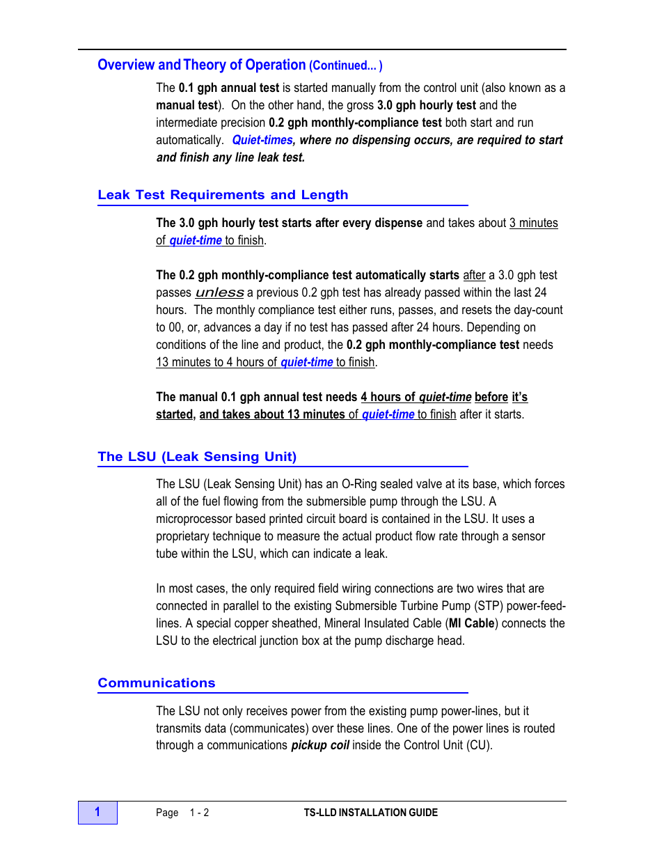 Leak test requirements and length - 2, The lsu (leak sensing unit) - 2, Communications - 2 | Franklin Fueling Systems TS-LLD Installation Manual User Manual | Page 12 / 86
