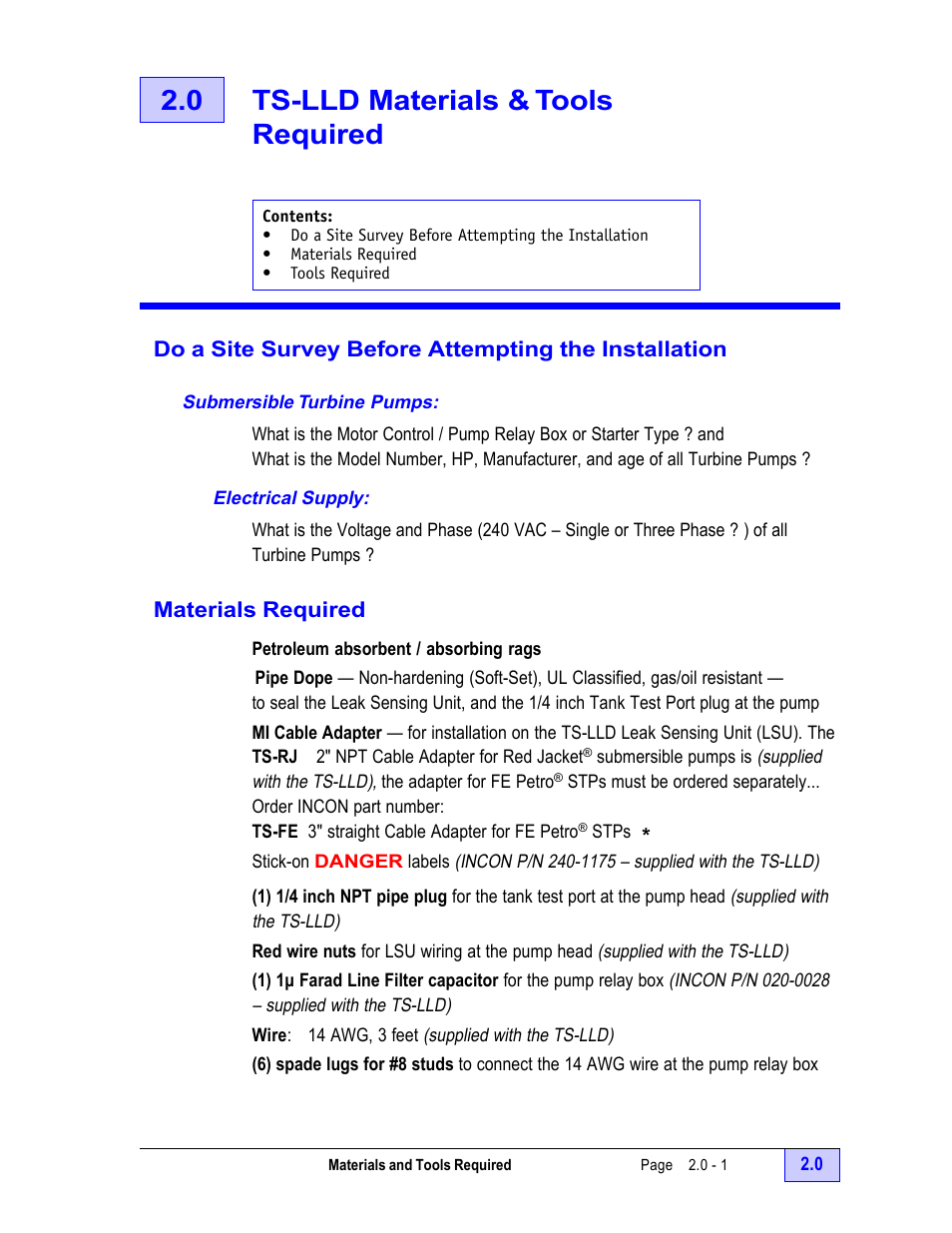 0 ts-lld materials & tools required - 1, Submersible turbine pumps, Electrical supply - 1 | Materials required - 1, 0 ts-lld materials & tools required | Franklin Fueling Systems TS-LLD Installation Manual User Manual | Page 15 / 86
