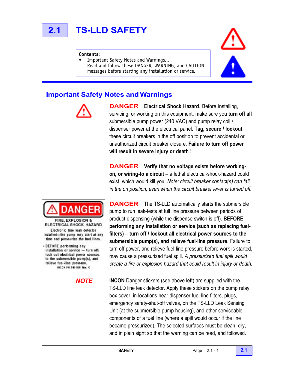 1 ts-lld safety - 1, Important safety notes and warnings - 1, 1 ts-lld safety | Franklin Fueling Systems TS-LLD Installation Manual User Manual | Page 17 / 86